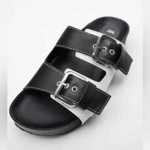 New Zara Flat Buckled Black and White Sandals 1609/610 Size 10
