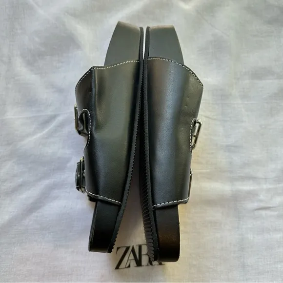 New Zara Flat Buckled Black and White Sandals 1609/610 Size 10
