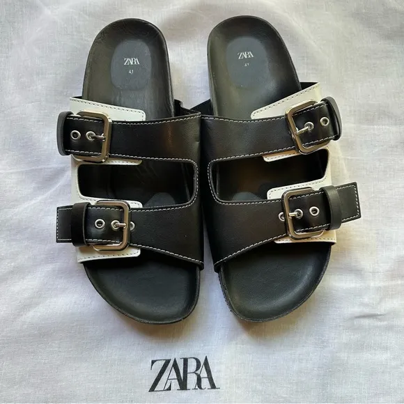 New Zara Flat Buckled Black and White Sandals 1609/610 Size 10
