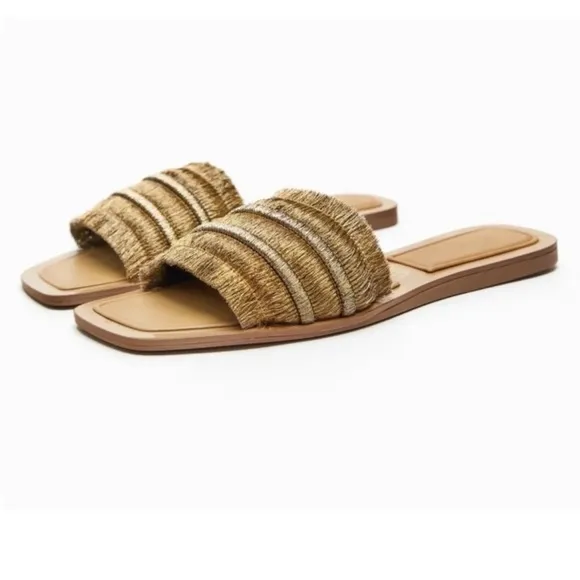 New! Zara gold fringe square toe  Slide Sandals in size 11.