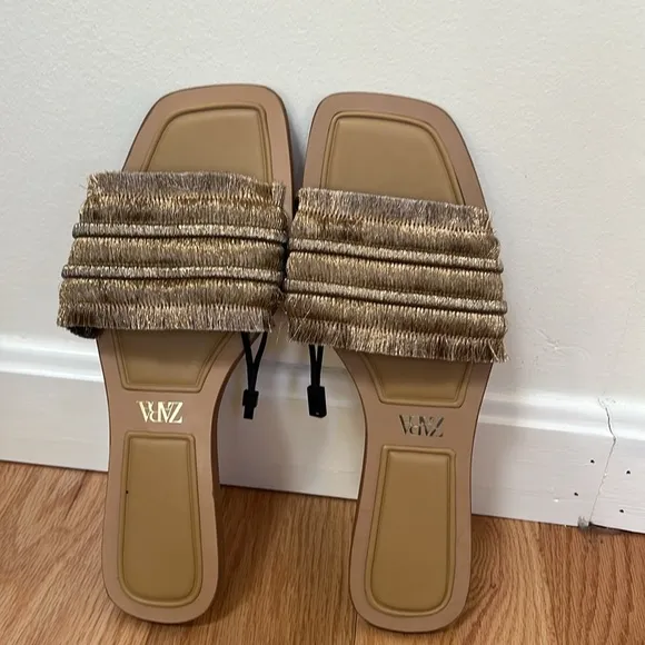 New! Zara gold fringe square toe  Slide Sandals in size 11.