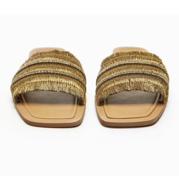 New! Zara gold fringe square toe  Slide Sandals in size 11.