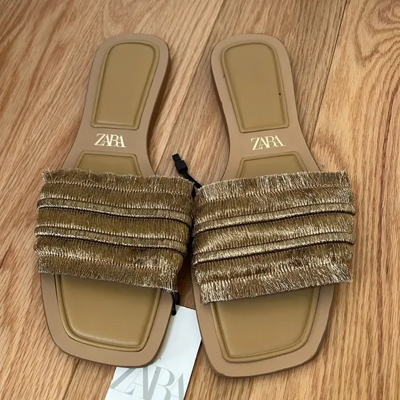New! Zara gold fringe square toe  Slide Sandals in size 11.