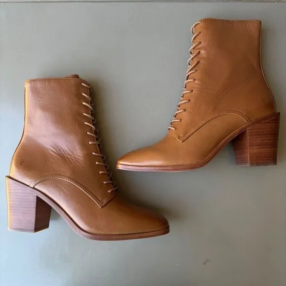 NEW Frye Georgia Lace Up Boots Women Size 10 Tan Leather Square Toe Prairie Boho