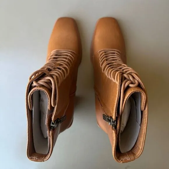 NEW Frye Georgia Lace Up Boots Women Size 10 Tan Leather Square Toe Prairie Boho