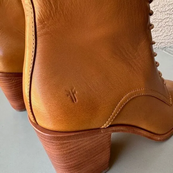 NEW Frye Georgia Lace Up Boots Women Size 10 Tan Leather Square Toe Prairie Boho