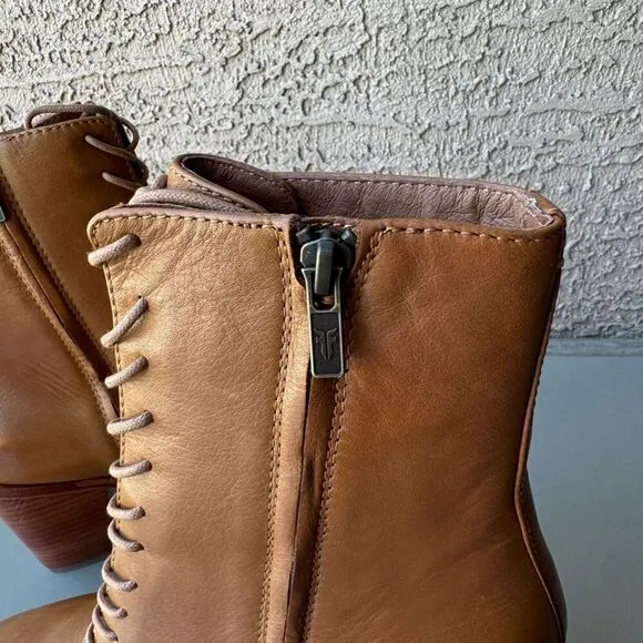 NEW Frye Georgia Lace Up Boots Women Size 10 Tan Leather Square Toe Prairie Boho