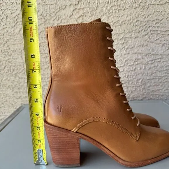 NEW Frye Georgia Lace Up Boots Women Size 10 Tan Leather Square Toe Prairie Boho