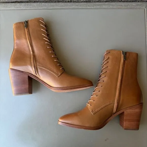 NEW Frye Georgia Lace Up Boots Women Size 10 Tan Leather Square Toe Prairie Boho