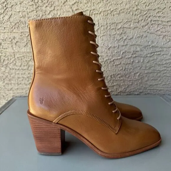 NEW Frye Georgia Lace Up Boots Women Size 10 Tan Leather Square Toe Prairie Boho