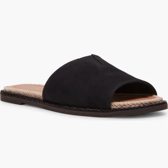 NIB Blondo 8M Waterproof Emilia Black Nubuck Slide Flat Sandals Jute Trim