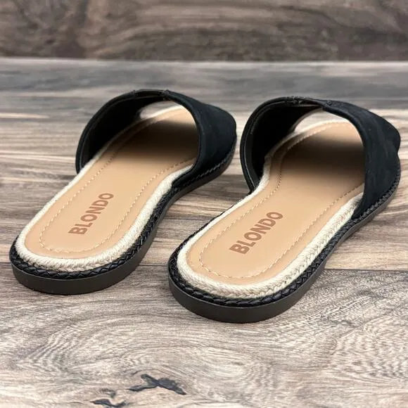 NIB Blondo 8M Waterproof Emilia Black Nubuck Slide Flat Sandals Jute Trim