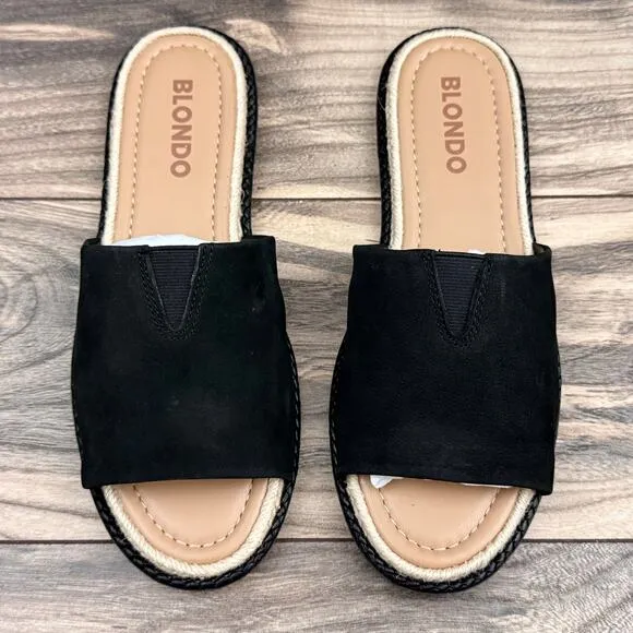 NIB Blondo 8M Waterproof Emilia Black Nubuck Slide Flat Sandals Jute Trim
