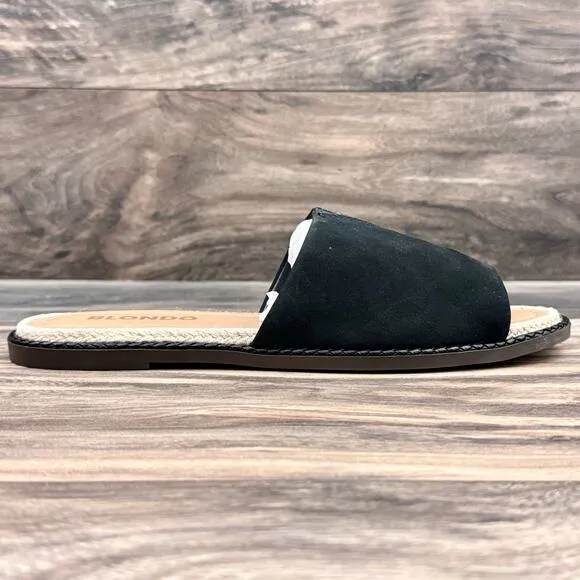 NIB Blondo 8M Waterproof Emilia Black Nubuck Slide Flat Sandals Jute Trim