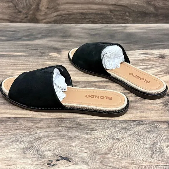 NIB Blondo 8M Waterproof Emilia Black Nubuck Slide Flat Sandals Jute Trim