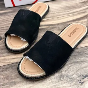 NIB Blondo 8M Waterproof Emilia Black Nubuck Slide Flat Sandals Jute Trim