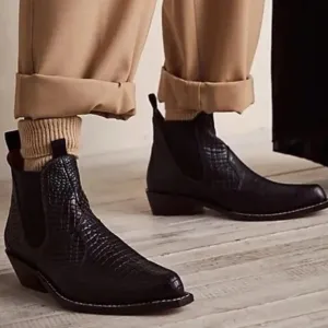 NIB Free People Leather Beau Western Croc Embossed Chelsea Boots in Black - 9