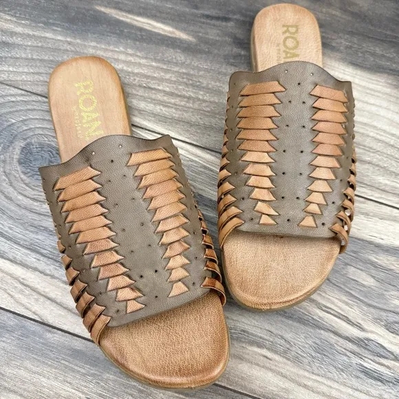NIB Roan Bed Stu Chastity 8.5 39 Leather Huarache Slide Flat Sandals Almond Oats