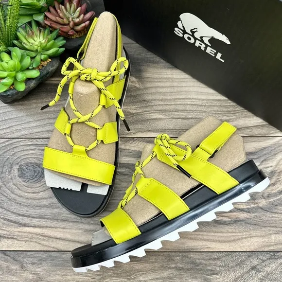 NIB Sorel Roaming Lace 8 Slingback Gladiator Flat Leather Sandals Lime Green