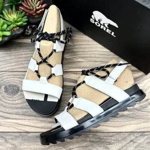 NIB Sorel Roaming Lace 8.5 Slingback Gladiator Flat Leather Sandals White Black