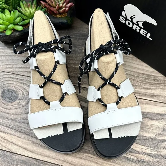 NIB Sorel Roaming Lace 8.5 Slingback Gladiator Flat Leather Sandals White Black