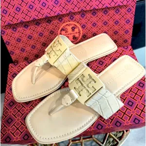 NIB Tory Burch Croc-Embossed Georgia Leather Sandals, New Cream sz. 8.5