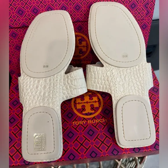 NIB Tory Burch Croc-Embossed Georgia Leather Sandals, New Cream sz. 8.5