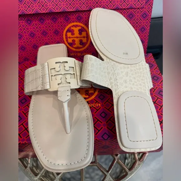 NIB Tory Burch Croc-Embossed Georgia Leather Sandals, New Cream sz. 8.5