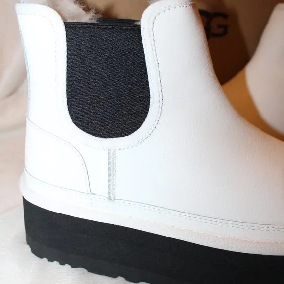 NIB UGG LEATHER‎ NEUMEL CHELSEA PLATFORM SHORT WOMEN'S BOOTS WHITE BLACK