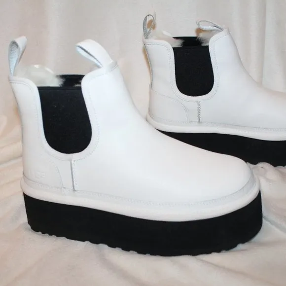 NIB UGG LEATHER‎ NEUMEL CHELSEA PLATFORM SHORT WOMEN'S BOOTS WHITE BLACK