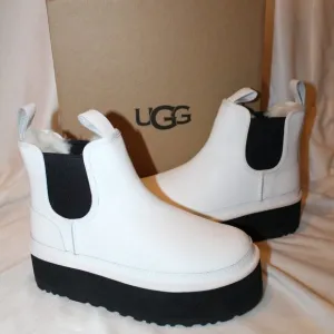 NIB UGG LEATHER‎ NEUMEL CHELSEA PLATFORM SHORT WOMEN'S BOOTS WHITE BLACK