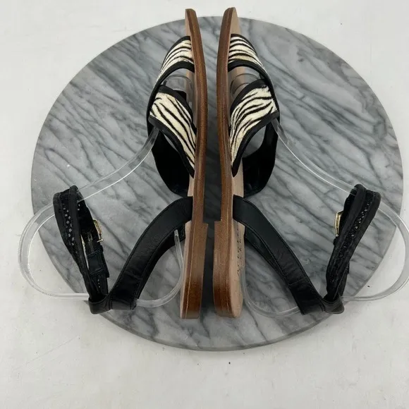 Nicole Miller Artelier Raf Sandals Women 7.5 Pony Fur Ankle Strap Zebra Flat