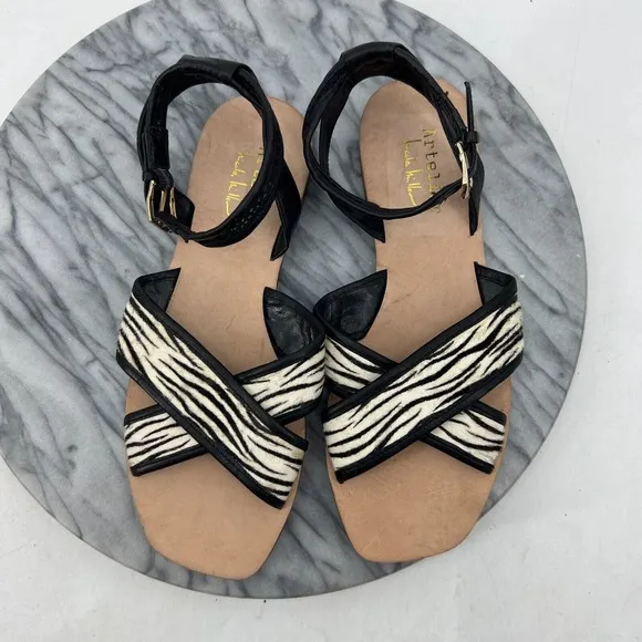Nicole Miller Artelier Raf Sandals Women 7.5 Pony Fur Ankle Strap Zebra Flat