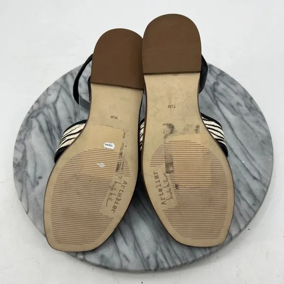 Nicole Miller Artelier Raf Sandals Women 7.5 Pony Fur Ankle Strap Zebra Flat