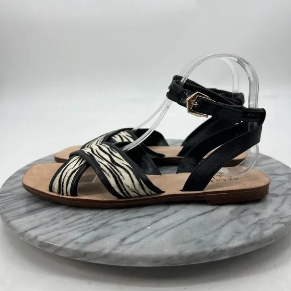 Nicole Miller Artelier Raf Sandals Women 7.5 Pony Fur Ankle Strap Zebra Flat
