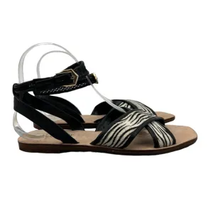 Nicole Miller Artelier Raf Sandals Women 7.5 Pony Fur Ankle Strap Zebra Flat