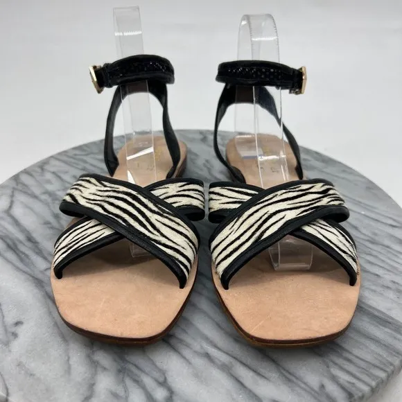 Nicole Miller Artelier Raf Sandals Women 7.5 Pony Fur Ankle Strap Zebra Flat