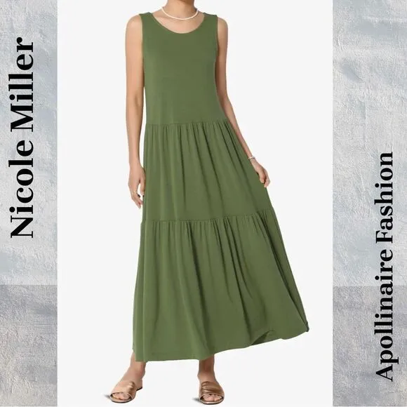 NICOLE MILLER TIERED MIDI DRESS IN OLIVE SMALL NWT