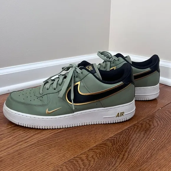 Nike Air Force 1 Olive Green Gold Black Swoosh Sneakers Shoes, Size 12