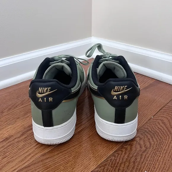 Nike Air Force 1 Olive Green Gold Black Swoosh Sneakers Shoes, Size 12