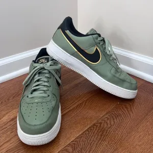 Nike Air Force 1 Olive Green Gold Black Swoosh Sneakers Shoes, Size 12