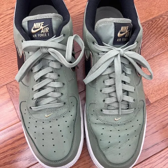 Nike Air Force 1 Olive Green Gold Black Swoosh Sneakers Shoes, Size 12