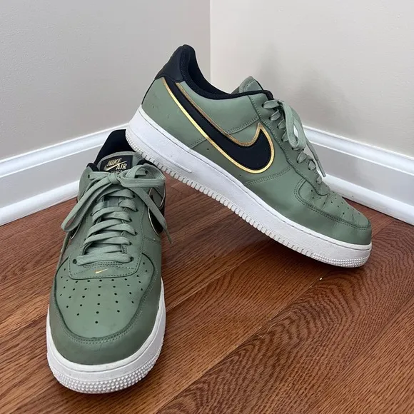 Nike Air Force 1 Olive Green Gold Black Swoosh Sneakers Shoes, Size 12
