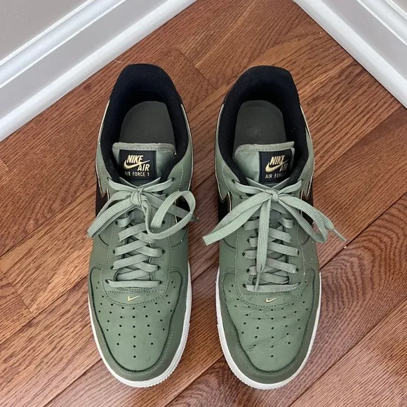 Nike Air Force 1 Olive Green Gold Black Swoosh Sneakers Shoes, Size 12