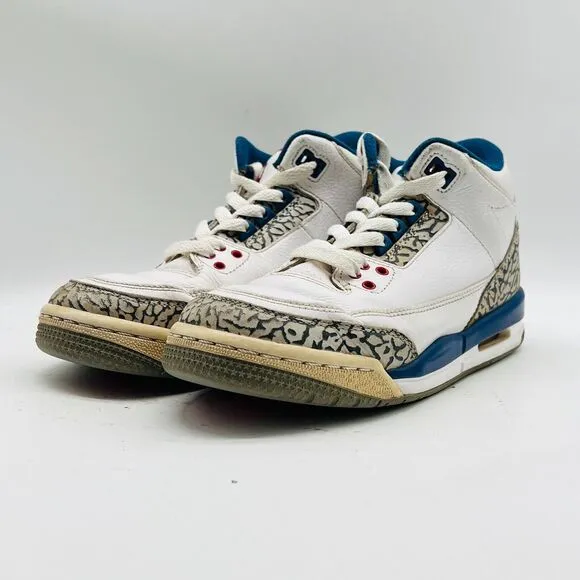 Nike Air Jordan 3 Retro Boys 4.5Y White Blue Leather Cement Shoes Sneakers