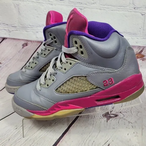 Nike Youth Size 4Y Air Jordan Retro 5 Cement Gray Pink Sneakers Shoes