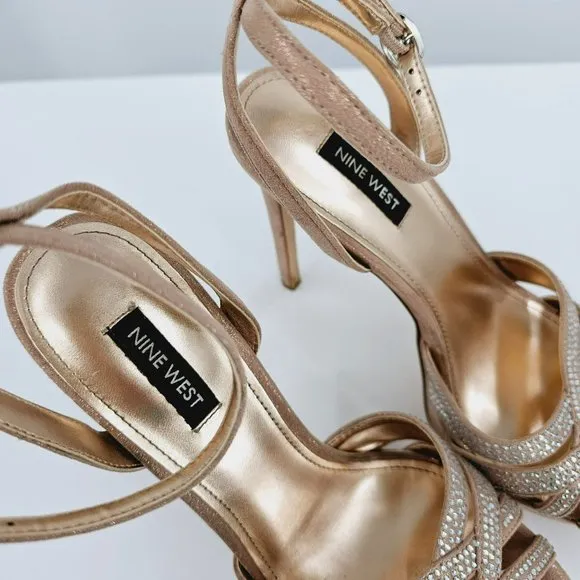 Nine West Wngobig2 Platform Sandals 8 Light Natural Glitter Pink Wedge Stilettos