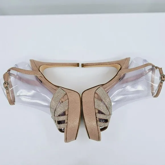 Nine West Wngobig2 Platform Sandals 8 Light Natural Glitter Pink Wedge Stilettos