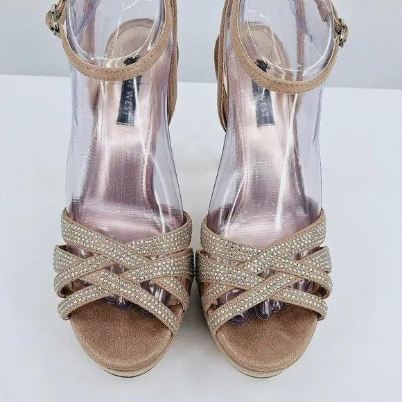 Nine West Wngobig2 Platform Sandals 8 Light Natural Glitter Pink Wedge Stilettos