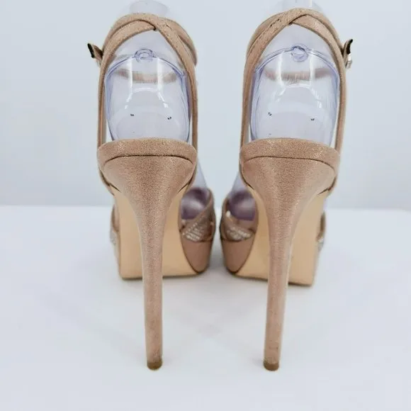 Nine West Wngobig2 Platform Sandals 8 Light Natural Glitter Pink Wedge Stilettos